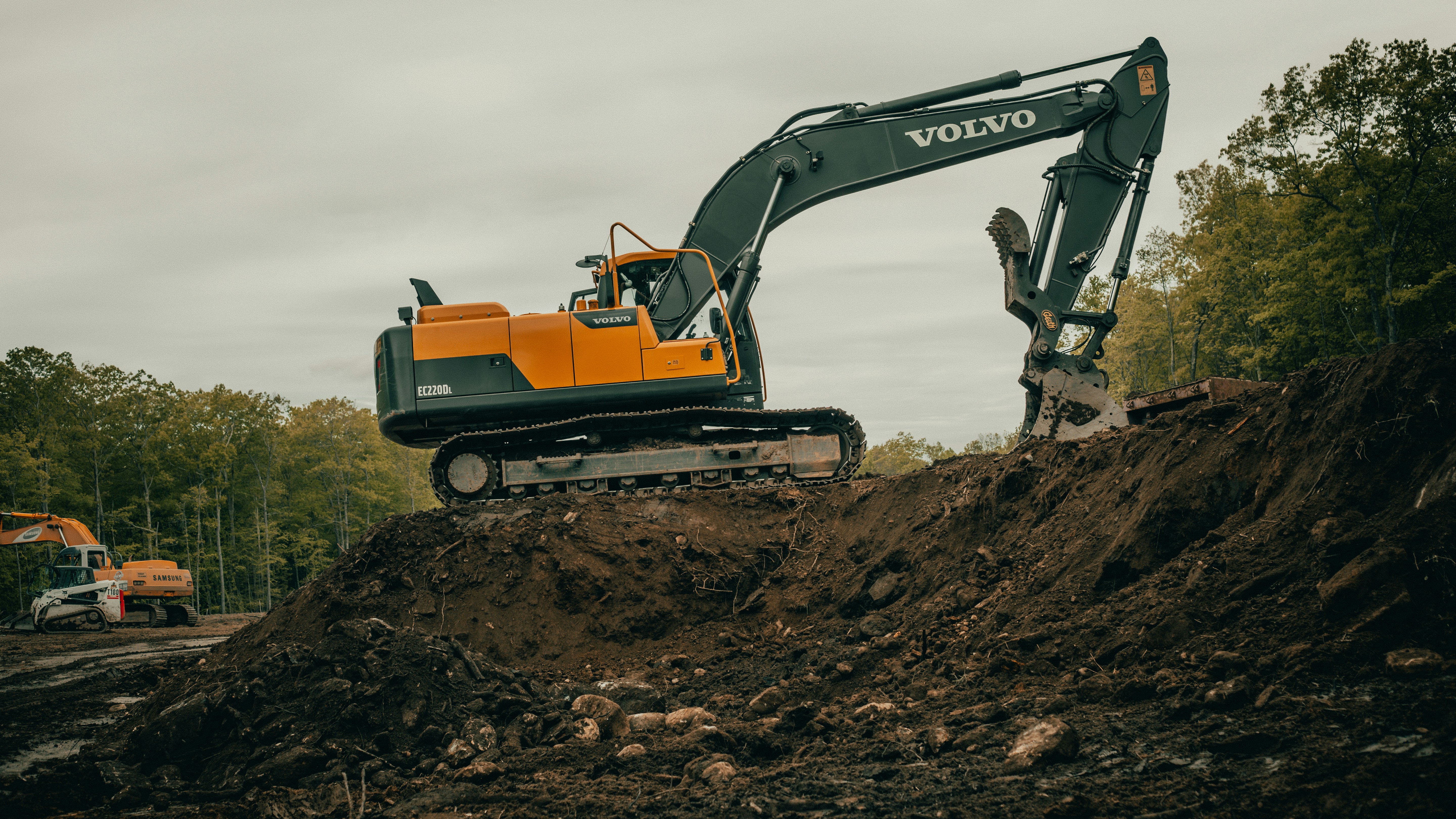 orange and black excavator on a mud mound in woodlands